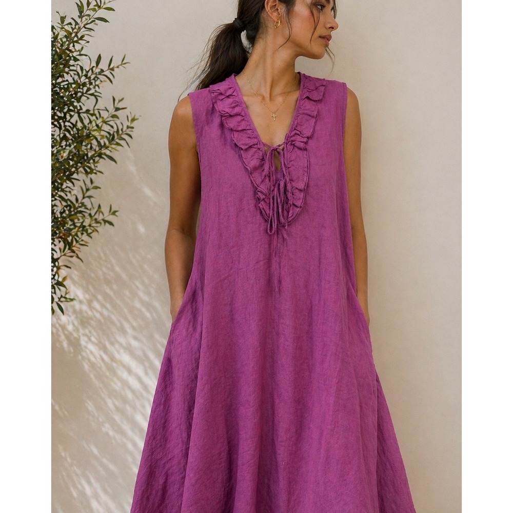 Garnet Hill Shift Dress Womens M Magenta Purple 100% Linen Ruffle Lagenlook